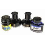 Three 50ml Parker ink bottles, colour blue and black, one Skip ink bottle, colour black