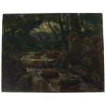 Schilderij: waterval in bos, marouflé, onduidelijk gesigneerd -36,5 x 37 cm.-