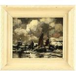 Hollandse School: besneeuwde binnenhaven, olieverf op paneel, gesigneerd D. Janson - 20 x 24 cm -