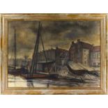 Herman Heijenbrock (1871-1949), scheepswerf aan kade, pastel, niet gesigneerd -72 x 100 cm-