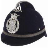 Helm politie Antwerpen hoofdagent, 1898-1942, binnenwerk aanwezig, kinriem vervangen,