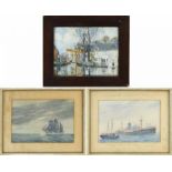 Twee aquarellen met maritieme voorstelling en een olieverf voorstellende een ophaalbrug - 20 x 30 cm