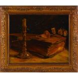 Abraham Wouterson (1893-1958), stilleven met bijbel en kandelaar, olieverf op doek - 32 x 39 cm - -