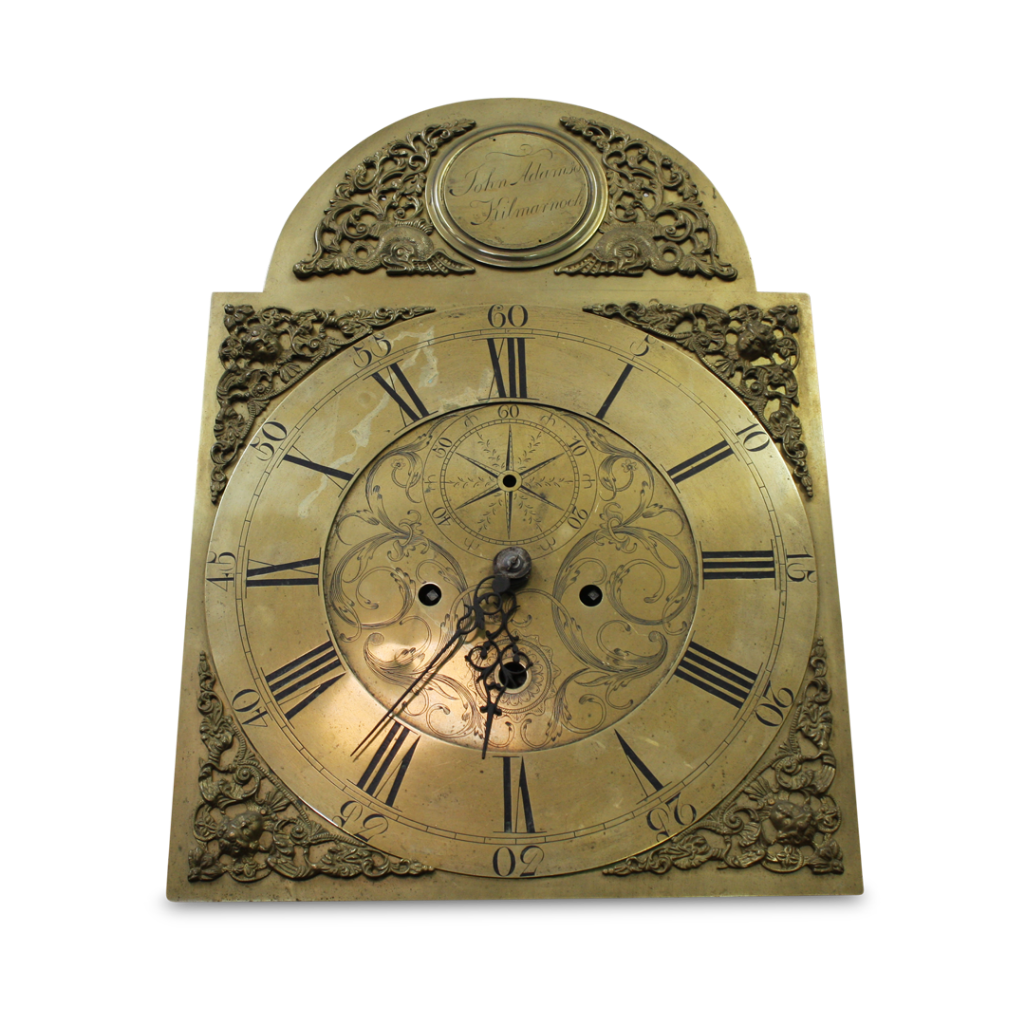 JOHN ADAMS BRASS CLOCK FACE AND PARTIAL WORKS