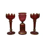 PAIR OF CRANBERRY AND GILT GLASS LUSTERS