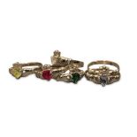 SIX SILVER AND GEM SET CLADDAGH RINGS