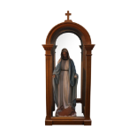 Statue of the Virgin Mary contained within a pine case