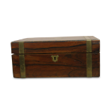 EARLY VICTORIAN WALNUT AND BRASS BOUND SEWING BOX