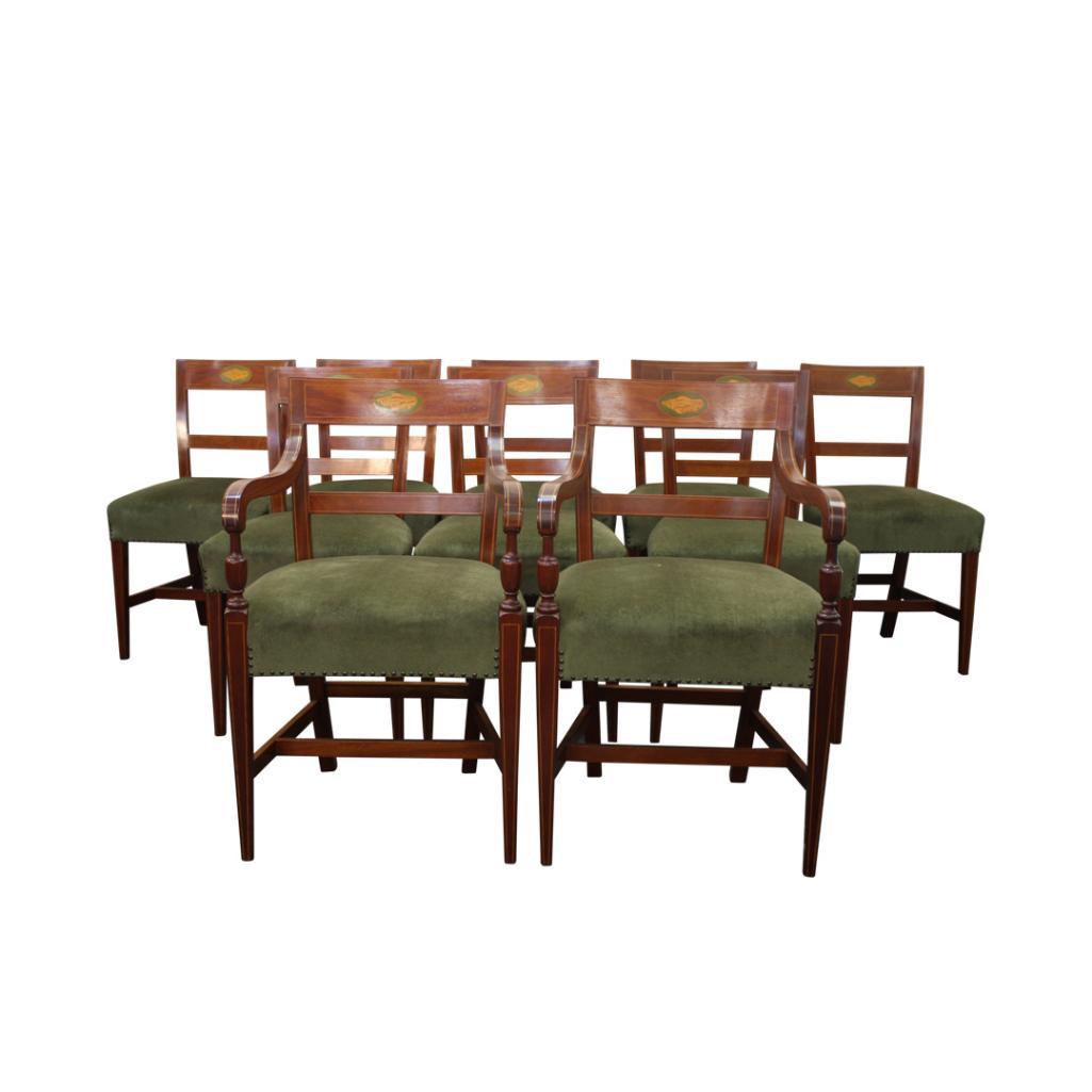 SET 10 SHERATON STYLE INLAID MAHOGANY DINING CHAIRS