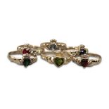 SIX SILVER AND GEM SET CLADDAGH RINGS