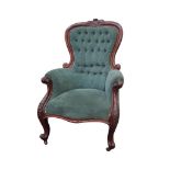 VICTORIAN CARVED MAHOGANY FRAMED DRAWING ROOM CHAIR