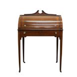 VICTORIAN INLAID MAHOGANY CYLINDER ROLL TOP WRITING TABLE