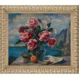 David BURLIUK (1882-1967) - Peony bouquet with coastal panorama Signed and dated [...]