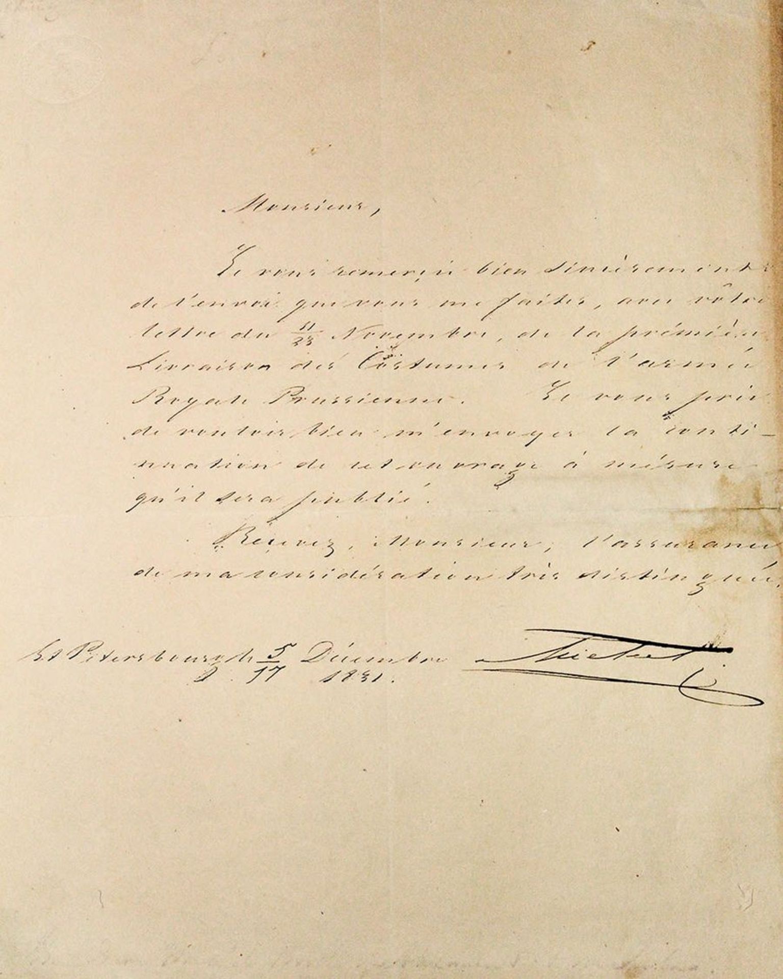 MICHAEL PAVLOVITCH, Grand Duke of Russia. 1798-1849. Letter to the editor Christian [...]