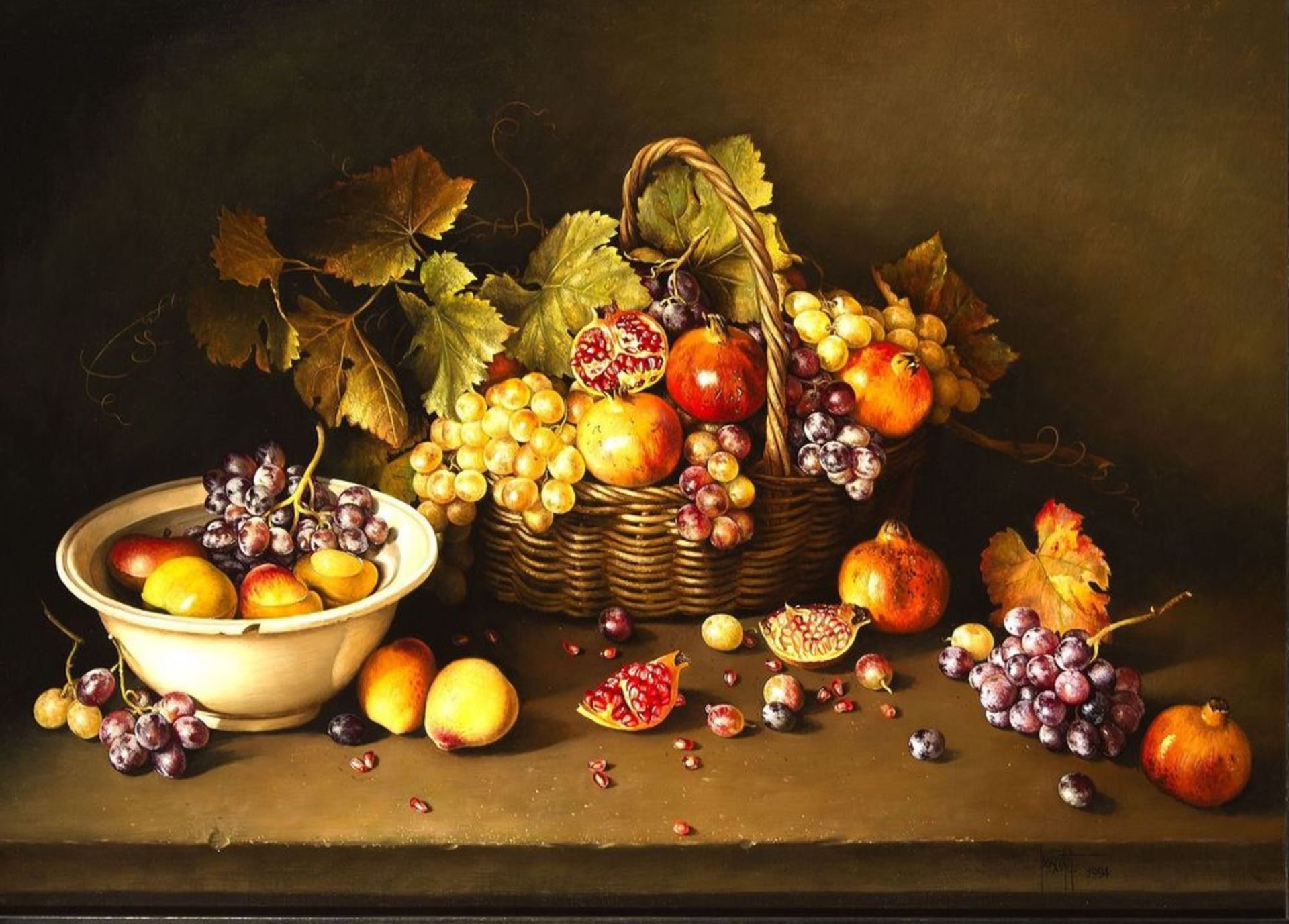 JOSÉ ESCOFET (b. 1930) - Still Life with Basket and Pomegranates Signed Oil on [...]