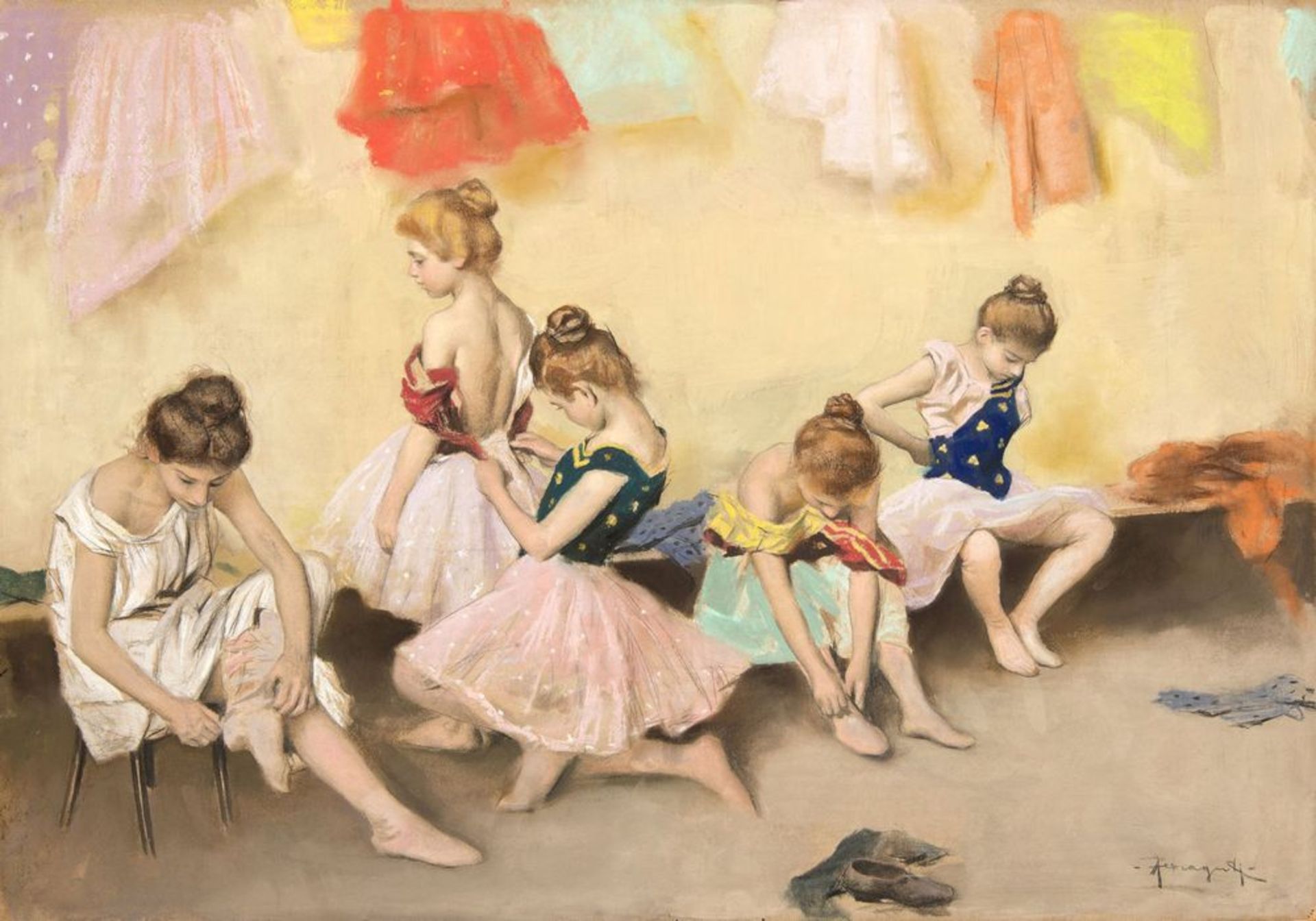ARNALDO FERRAGUTI (1862-1925) - Dancers in the dressing room, c.1895 Signed (lower [...]