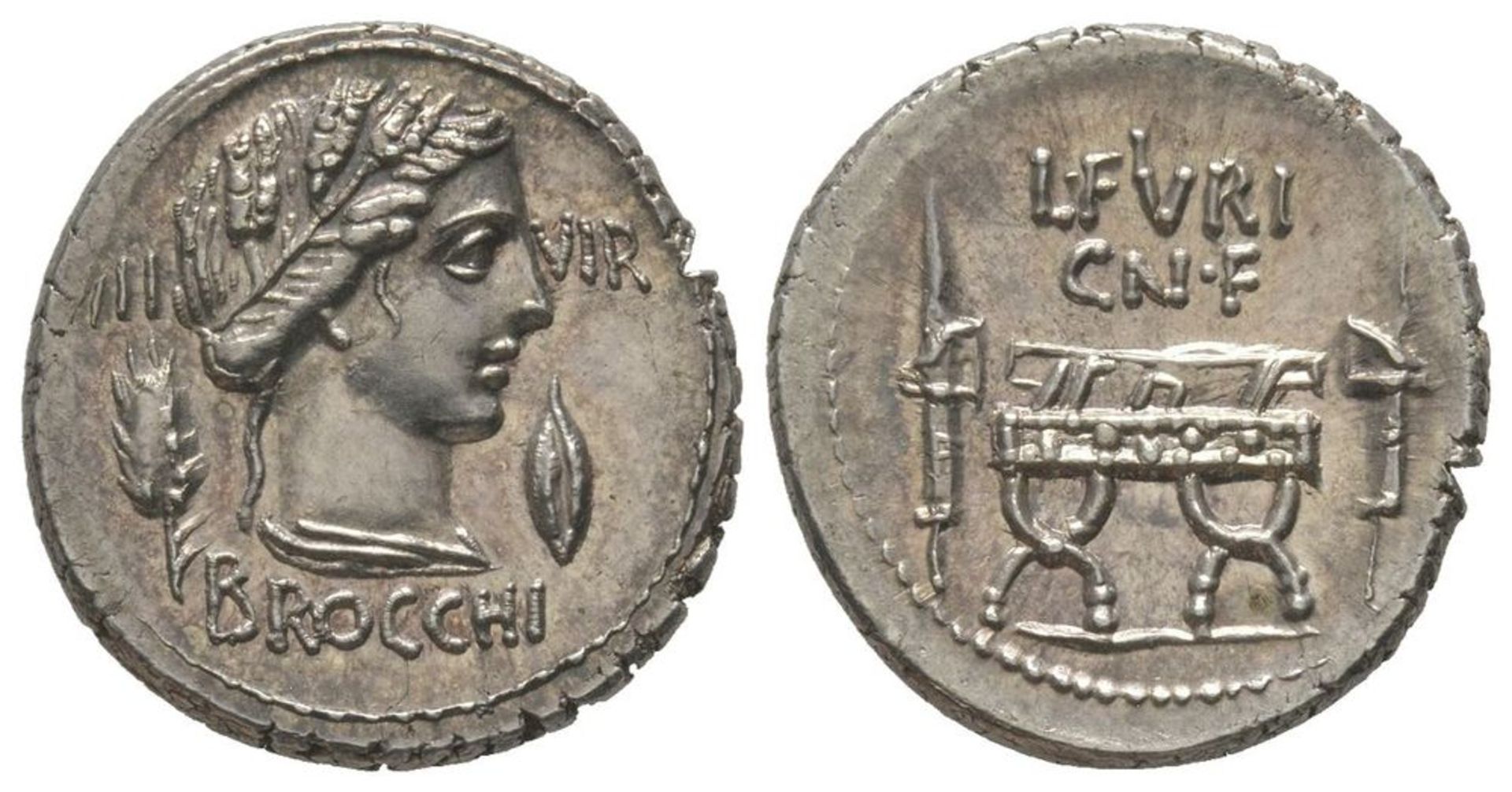 ROMAN COINS - Furius Brocchus, Denarius, Rome, 63 BC, AG 3,90g. Ref : Cr 414/1, RSC [...]