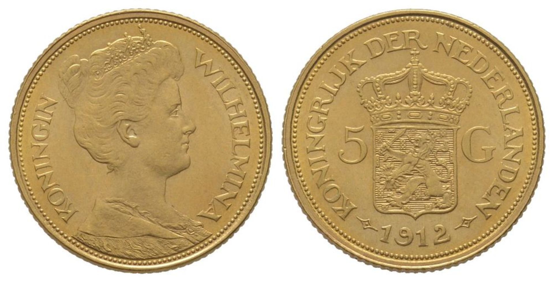 WORLD COINS - Netherlands Wilhelmine, 1890-1948 5 Gulden, 1912, AU 3.35 g. Ref : Fr. [...]