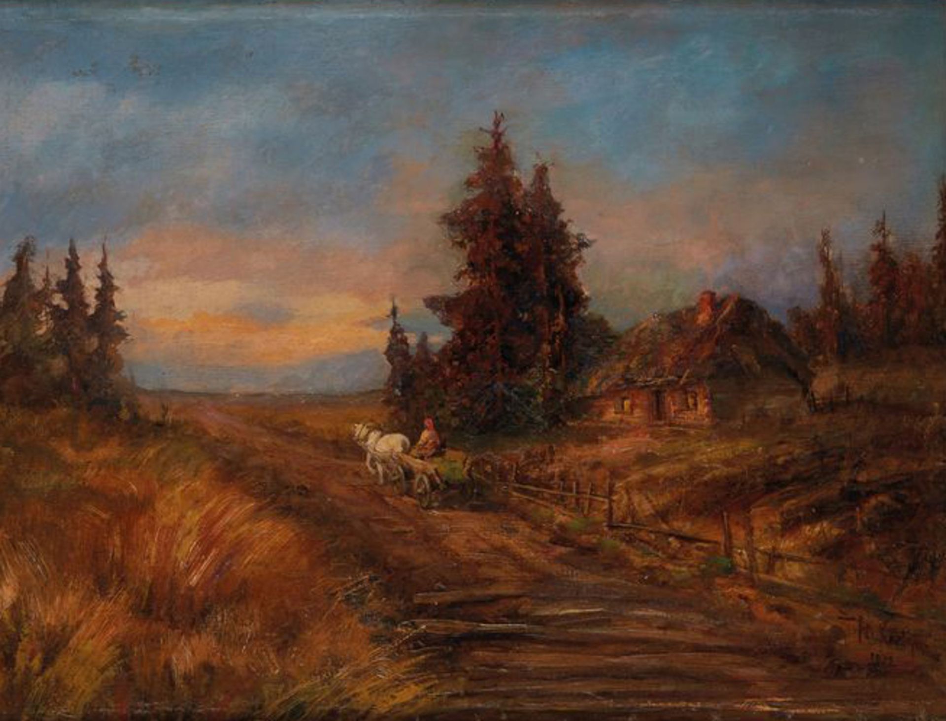 YULIY KLEVER (1850 - 1924) - Cart in an autumn landscape Signed in Cyrillic and [...]
