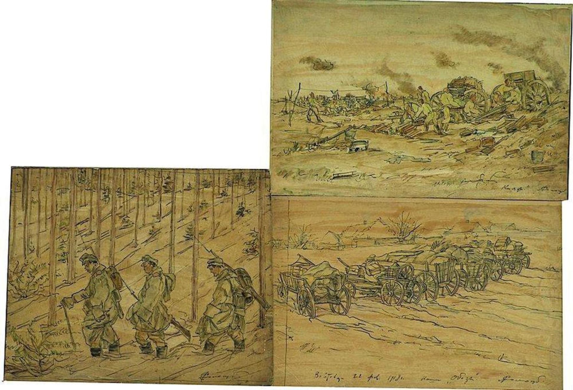 LEONID ROMANOVITCH SOLOGOUB (1884-1956) - Debris. Barricade. Four soldiers marching. [...] - Bild 2 aus 2