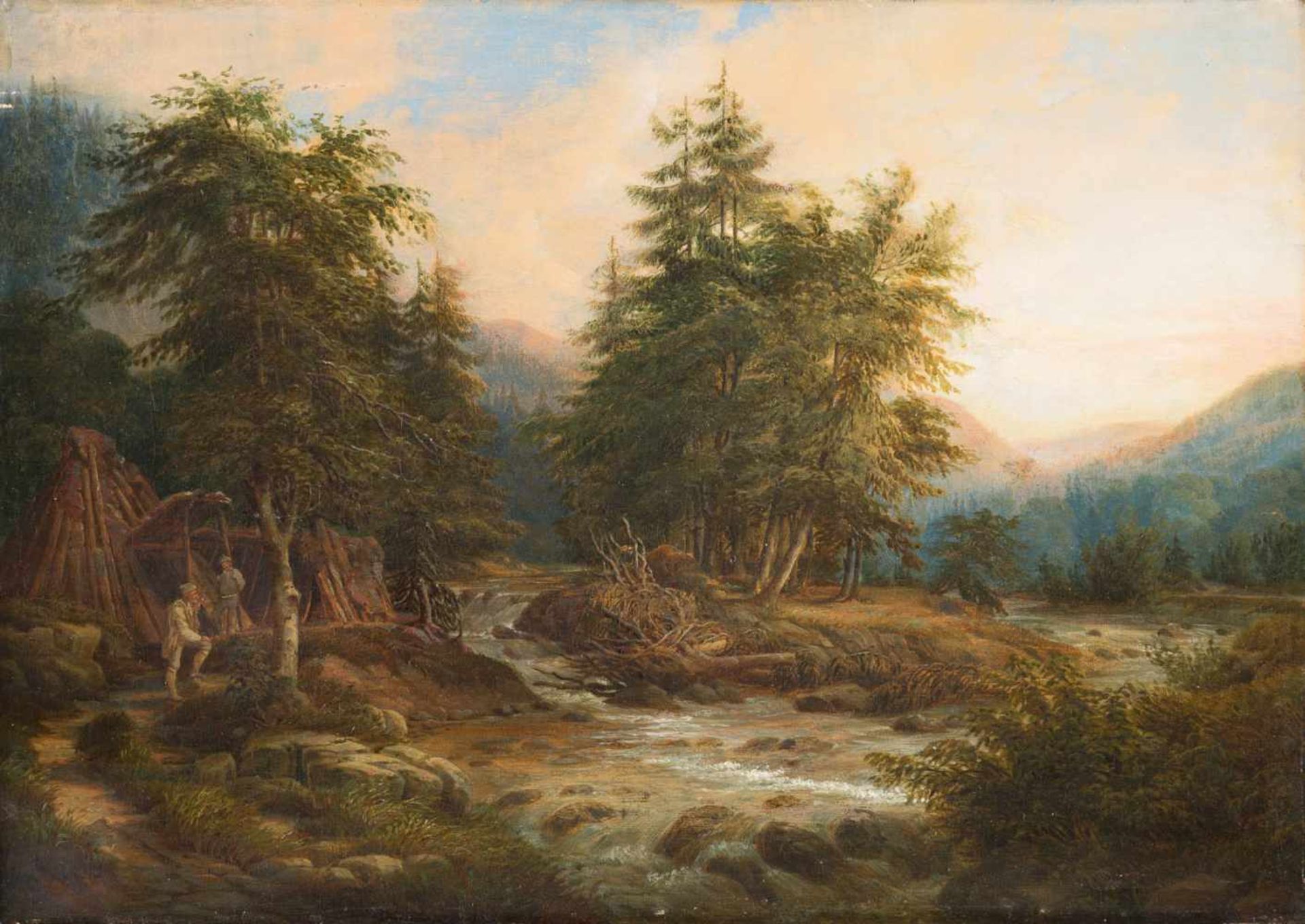 SÜDDEUTSCHER MALERTätig Mitte 19. Jh.Am Wildbach im Gebirge Öl auf Leinwand. 40 x 56 cm. Min.