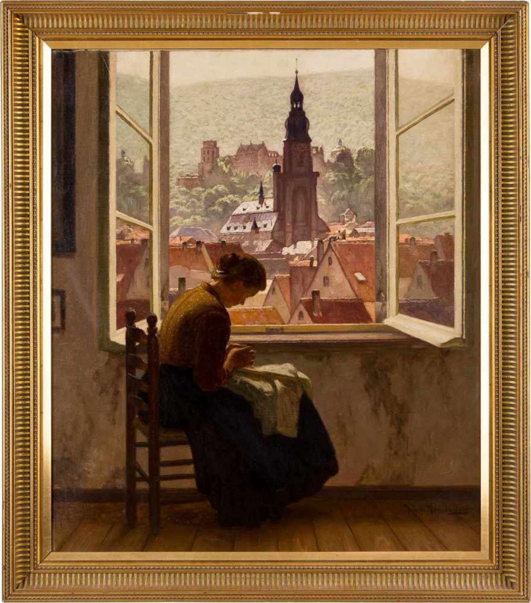 HENRIK NORDENBERG1857 Asarum - 1928 DüsseldorfDame bei der Stickarbeit am offenen Fenster mit - Bild 2 aus 2