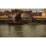 EUGEN KAMPF1861 Aachen - 1933 DüsseldorfSegelboote am Rheinufer Öl auf Leinwand. 34 x 52,5 cm (R. 47