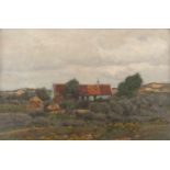 EUGEN KAMPF1861 Aachen - 1933 DüsseldorfHofhaus in sommerlicher Landschaft Öl auf Malplatte. 45,5 cm