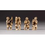 VIER NETSUKE Japan, um 1900 Elfenbein. H. 5,2 cm-5,4 cm. Alle Figuren mit Marke 'Tama kokoro'.