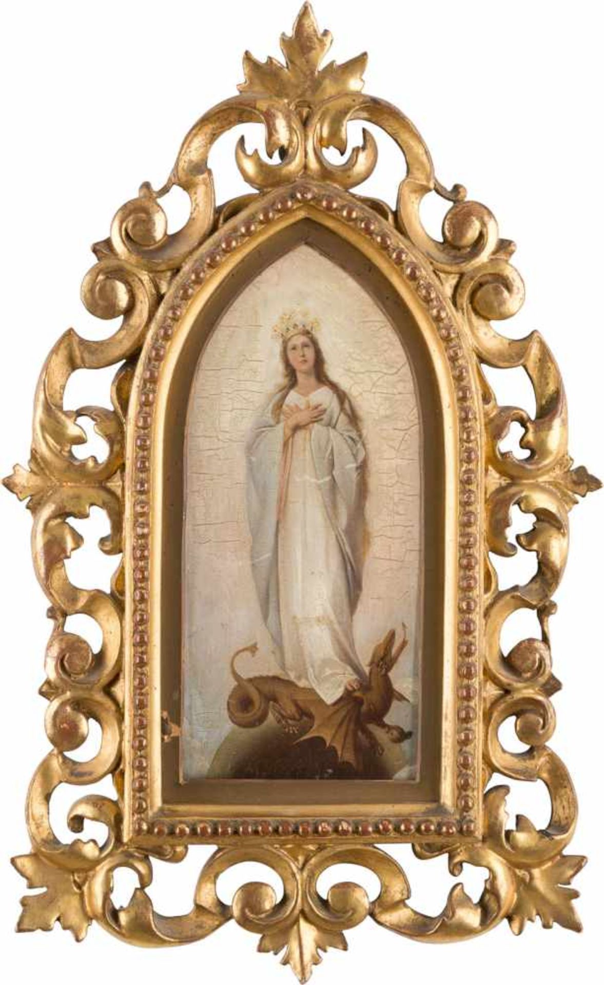 NAZARENER SCHULE1. Hälfte 19. Jh.Maria Immaculata Öl auf Holz. Im Spitzbogen 24 x 12 cm (R. 28 x