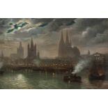 W. JANSENTätig 1. Hälfte 20. Jh.Ansicht von Köln bei Vollmond Öl auf Leinwand. 37 x 85 cm (R. 86 x