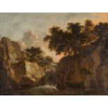 ITALIENISCHER MEISTERTätig um 1700LANDSCHAFT MIT WASSERFALL UND HOLZBRÜCKE IN DER ABENDDÄMMERUNG