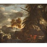 SALVATOR ROSA (CIRCLE)1615 Neapel-Arenella - 1673 RomLANDSCHAFT MIT FISCHERN AM FLUSS Öl auf