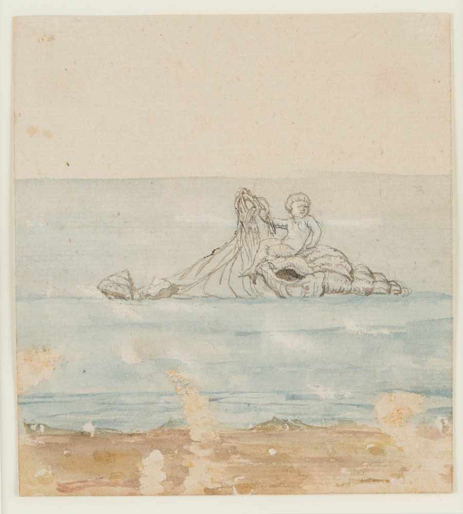 ALFRED RETHEL1816 bei Aachen - 1859 DüsseldorfAmor auf einer Muschel im Meer Bleistift, Tusche und