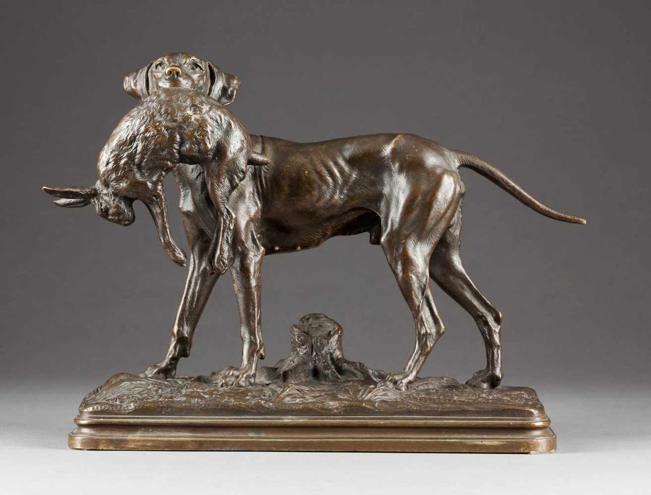 ALFRED DUBUCAND1828 Paris - 1883 ebendaJagdhund mit erbeutetem Hasen Bronze, braun patiniert. H.