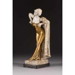 REINHARD SCHNAUDER1856 Plauen - 1923 DresdenJunge Frau als Harlekin Bronze, vergoldet, Alabaster,