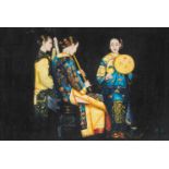 'SOIREE: DREI MUSIKERINNEN' China, Stil von Chen Yifei Öl auf Leinwand. SM. 60 cm x 89,5 cm (R. 78