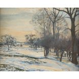 MAX CLARENBACH1880 Neuss - 1952 WittlaerAbendstimmung über Winterlandschaft Öl auf Karton auf