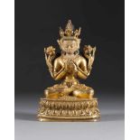 SITZENDER BODHSATTVA Tibet, 18./19. Jh. Bronze, vergoldet, Steinbesatz. H. 20,5 cm. Im Boden