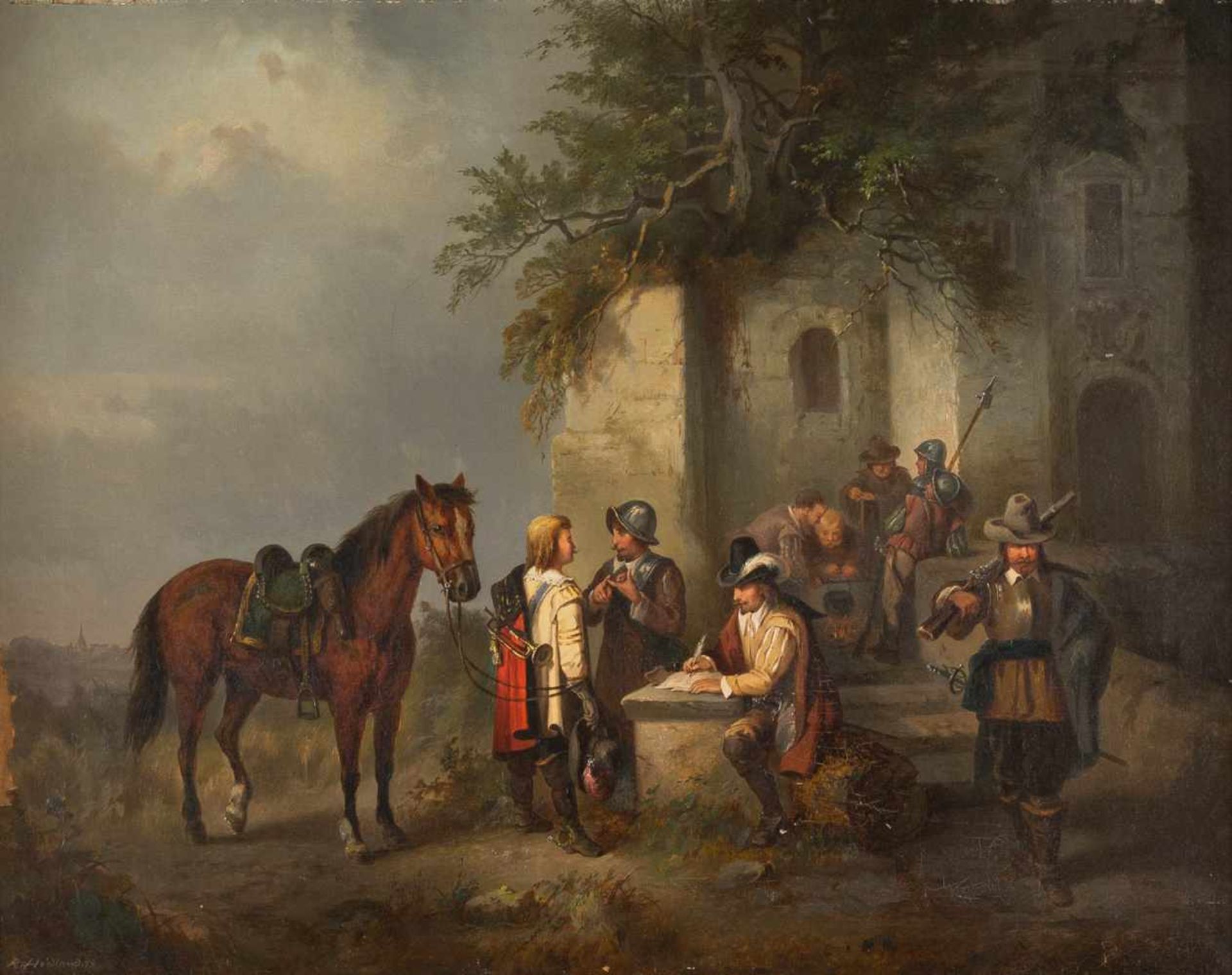 R. HEIDLANDTätig um 1870Soldatenlager Öl auf Leinwand. 63 x 79 cm (R. 85 x 112 cm). Signiert und