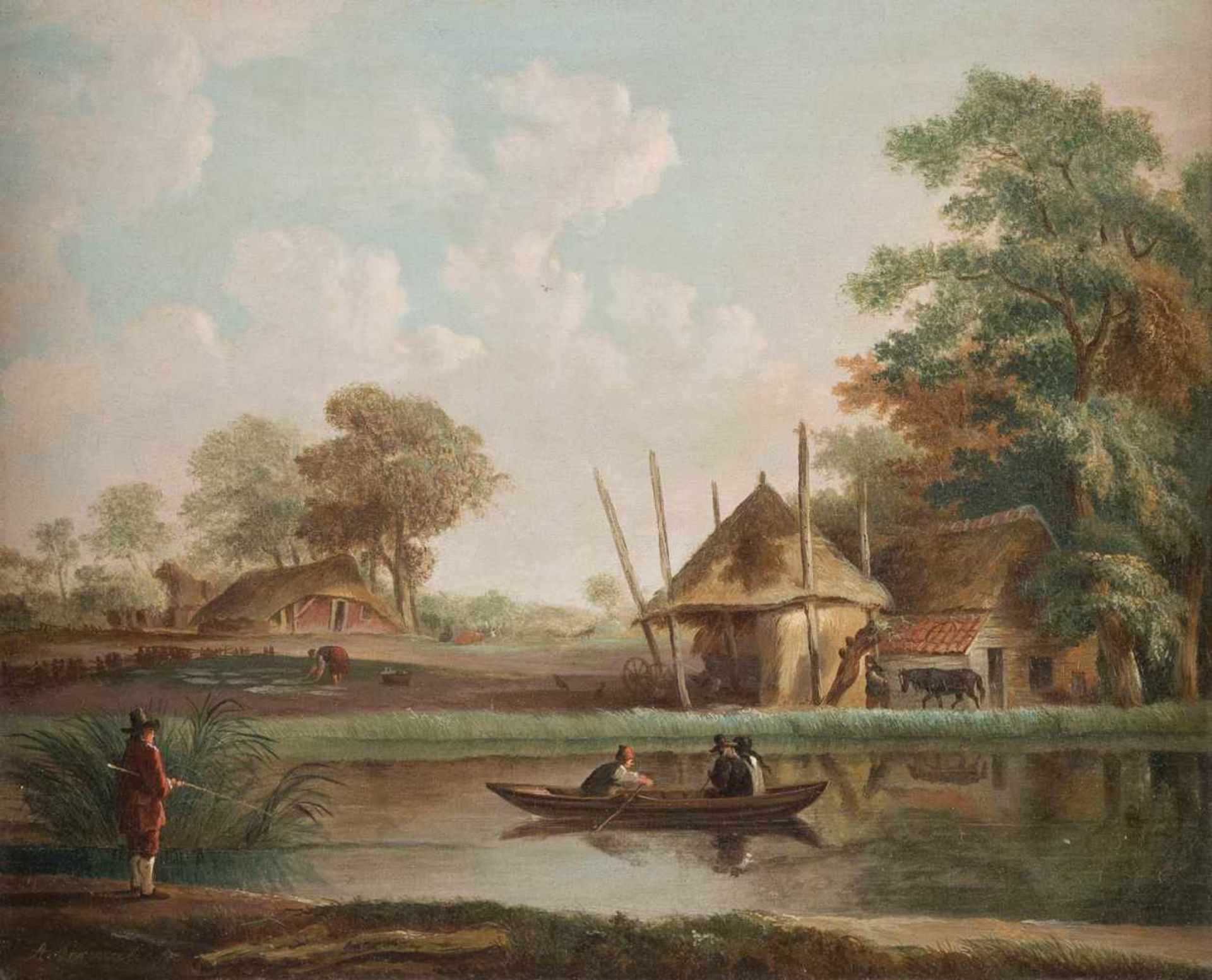 ANDRIES VERMEULEN1763 Dordrecht - 1814 AmsterdamFLUSSLANDSCHAFT MIT BAUERNHÄUSERN UND RUDERBOOT Öl