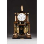 GROSSE BIEDERMEIER-UHR Wien, um 1820. Holz, furniert, teils geschnitzt und vergoldet, Alabaster,