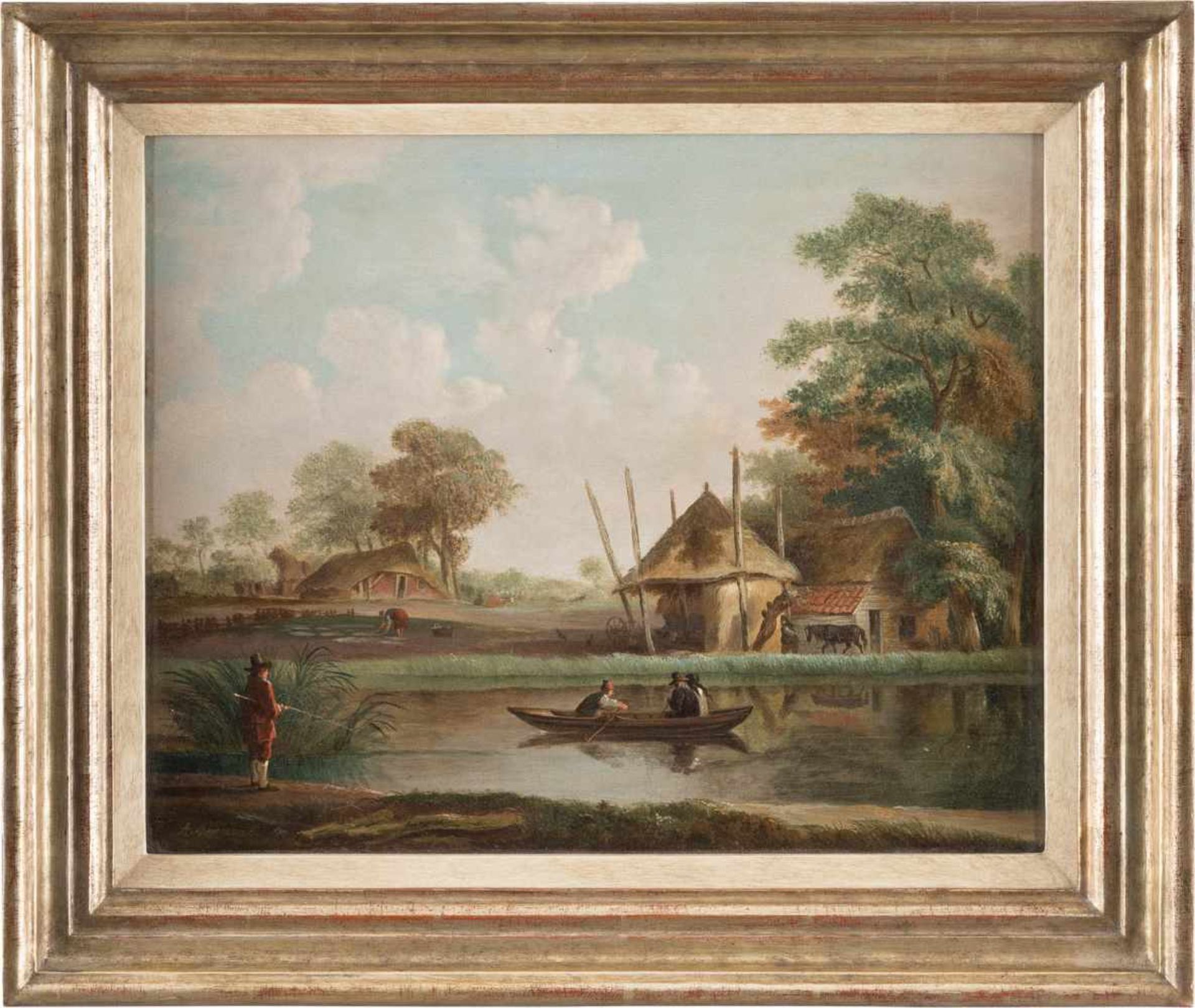 ANDRIES VERMEULEN1763 Dordrecht - 1814 AmsterdamFLUSSLANDSCHAFT MIT BAUERNHÄUSERN UND RUDERBOOT Öl - Image 2 of 2