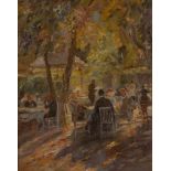 DEUTSCHER IMPRESSIONISTTätig um 1900Im Biergarten Öl auf Platte. 41,5 x 33,5 cm (R. 55,5 x 47,5 cm).