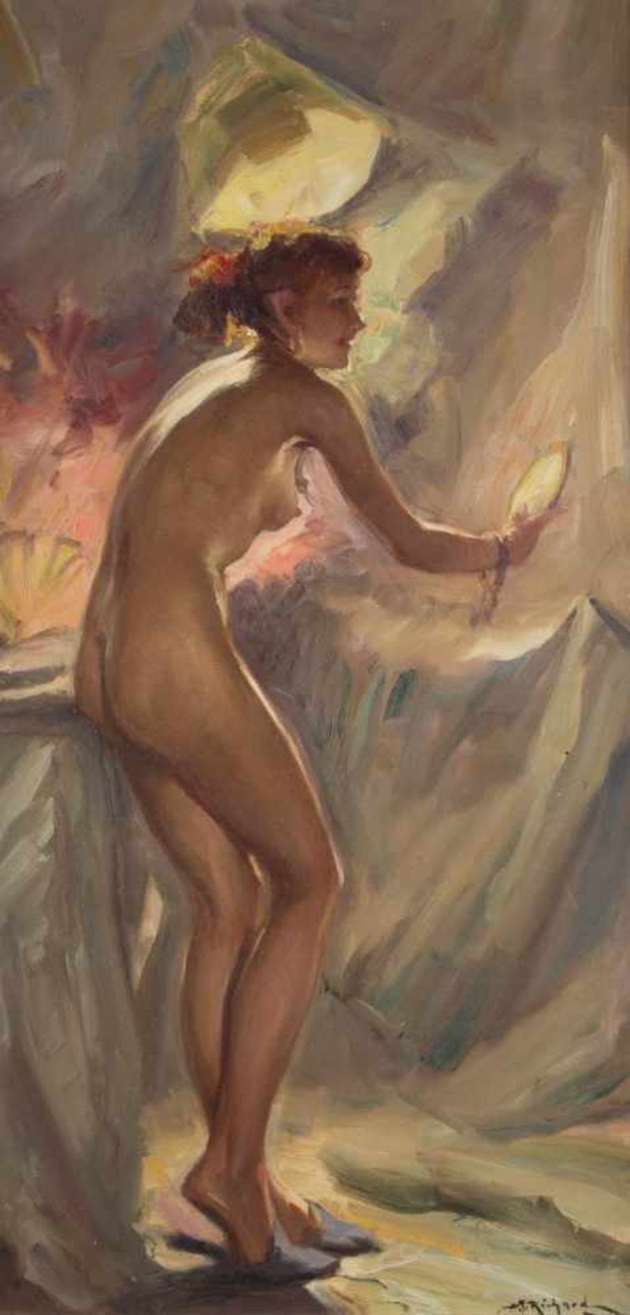 RICHARD DURAND-TOGO1910-?Nackte Schönheit bei der Toilette Öl auf Leinwand. 100,5 x 50 cm (R. 119