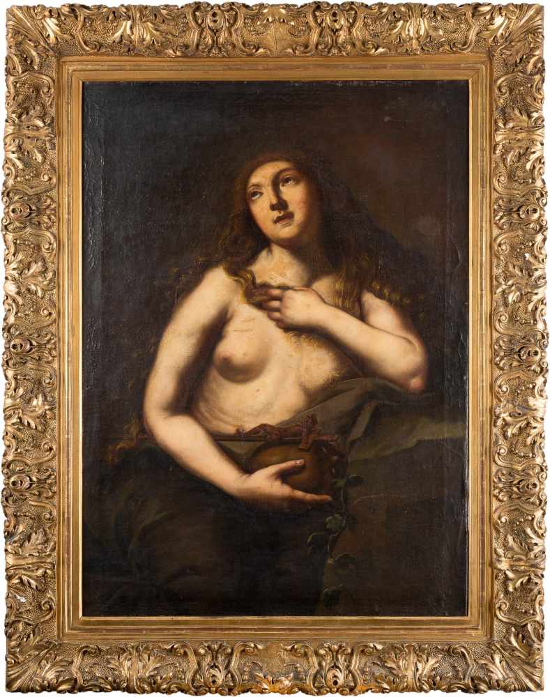 ITALIENISCHER MEISTERTätig im 17. Jh.DIE BÜSSENDE MARIA MAGDALENA Öl auf Leinwand (doubl.). 106,5 cm - Image 2 of 2