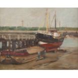 GEORG HAMBÜCHEN1901 Düsseldorf - 1971 ebendaSchiffe im Hafen Öl auf Leinwand. 40,5 x 50,5 cm (R.