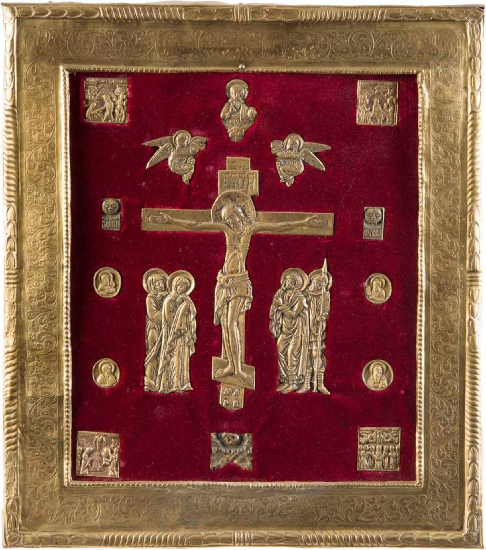 BRONZEIKONEN MIT DER KREUZIGUNG CHRISTI UND FESTTAGEN Russland, 19. Jh. Bronze, reliefiert gegossen,