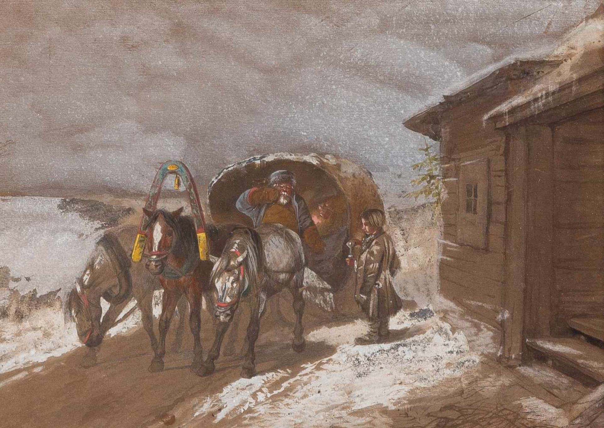 NIKOLAJ GRIGORJEWITSCH SWERTSCHKOW1817 St. Petersburg - 1898 Tsarskoe seloPferdegespann vor einem