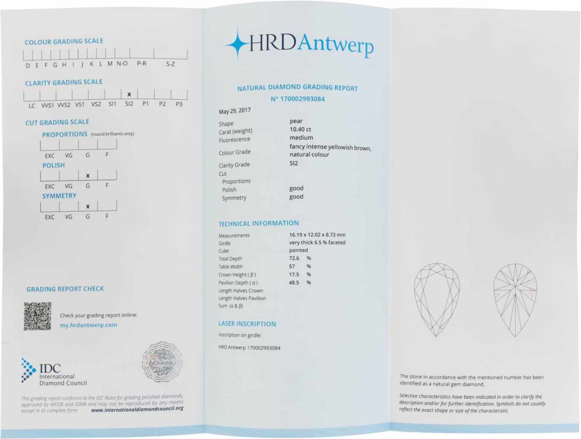 UNGEFASSTER DIAMANT - 10.40 CARAT Diamant im Tropfenschliff. 16.19 x 12.02 x 8.73 mm, 10.40 ct.. - Bild 4 aus 4